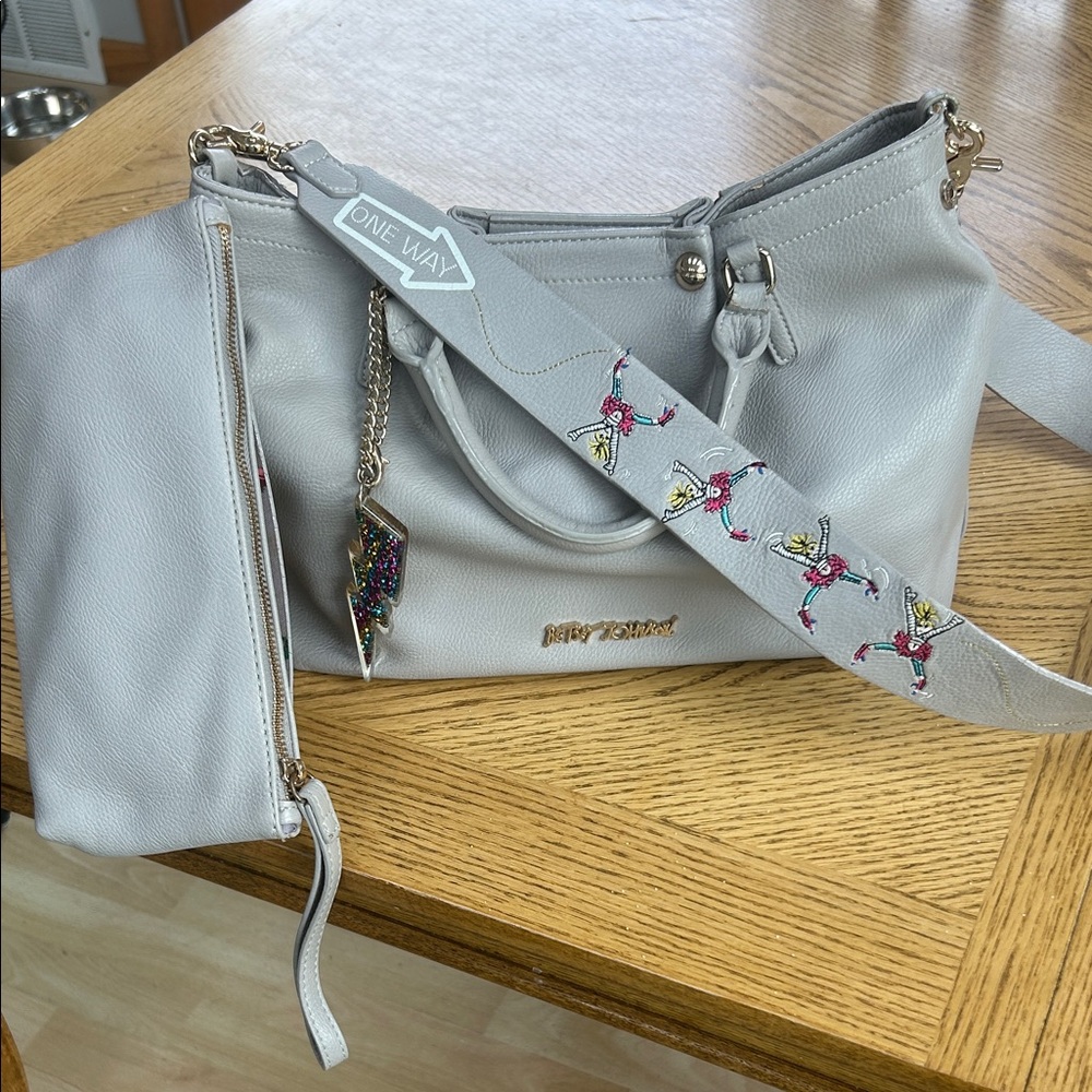 Betsey Johnson Light Gray Shoulder Bag with Embellished Strap + matching Clutch